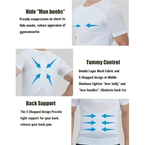 ISUP Mens Gynecomastia Compression Shirt Short Sleeve | Slimming Body Shaper Abdomen Tank White thumbnail 2