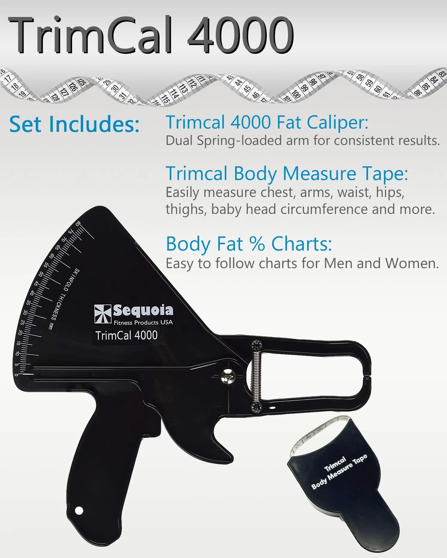 TrimCal 4000 Body Fat Caliper with Measure Tape & Fat% Chart | FDA Approved Medical Grade Device - view 2
