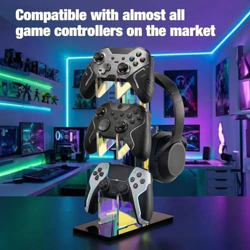 NiHome Controller Holder Headphone Stand 3-Tier Iridescent Acrylic Gaming | Multi-Controller & Headset Organizer thumbnail 7
