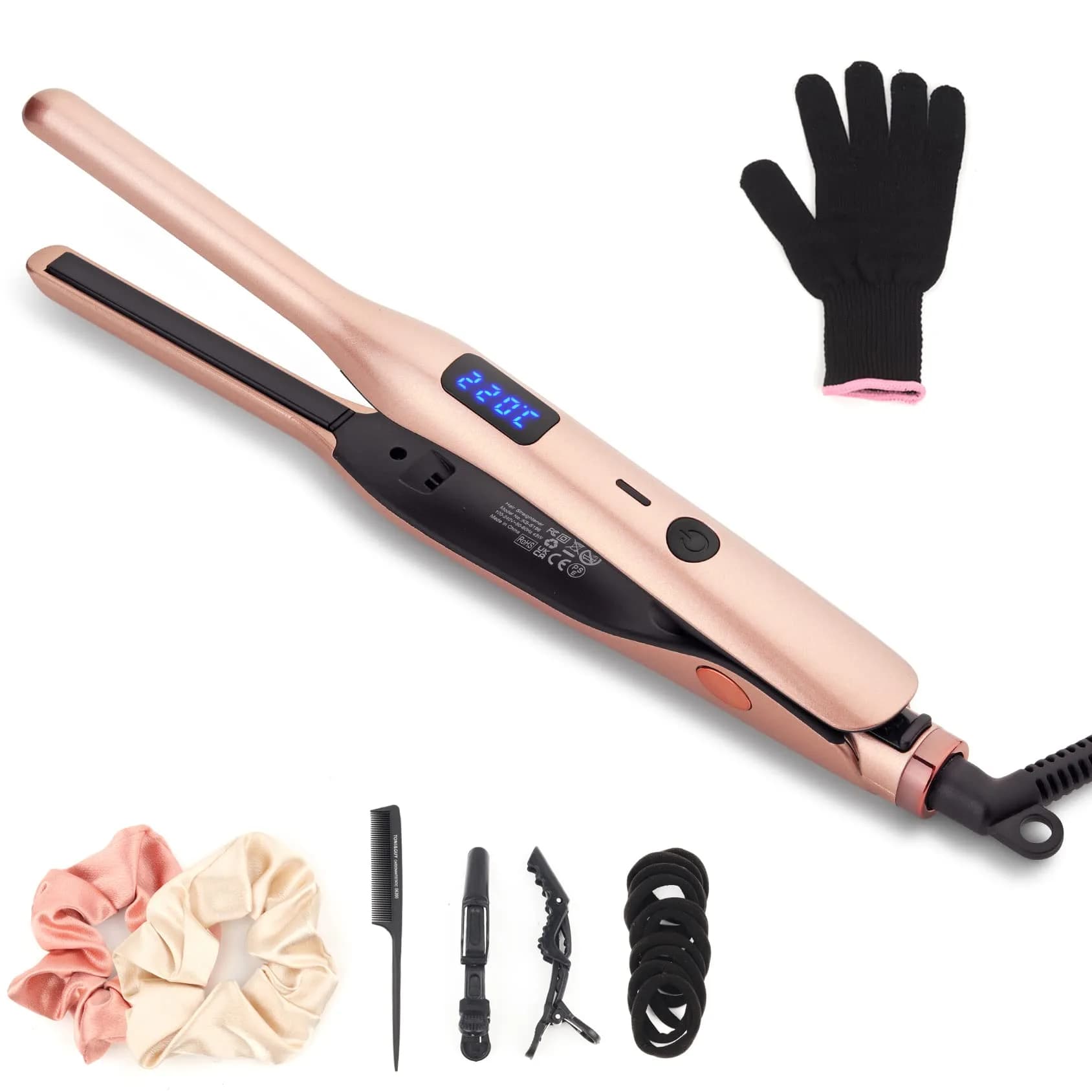 JAETON 3/10" Pencil Flat Iron with 13 Temp Setting Ceramic Small Hair Straightener Rose Gold | Fast Heat Up & Dual Voltage for Short Hair — Rose Gold