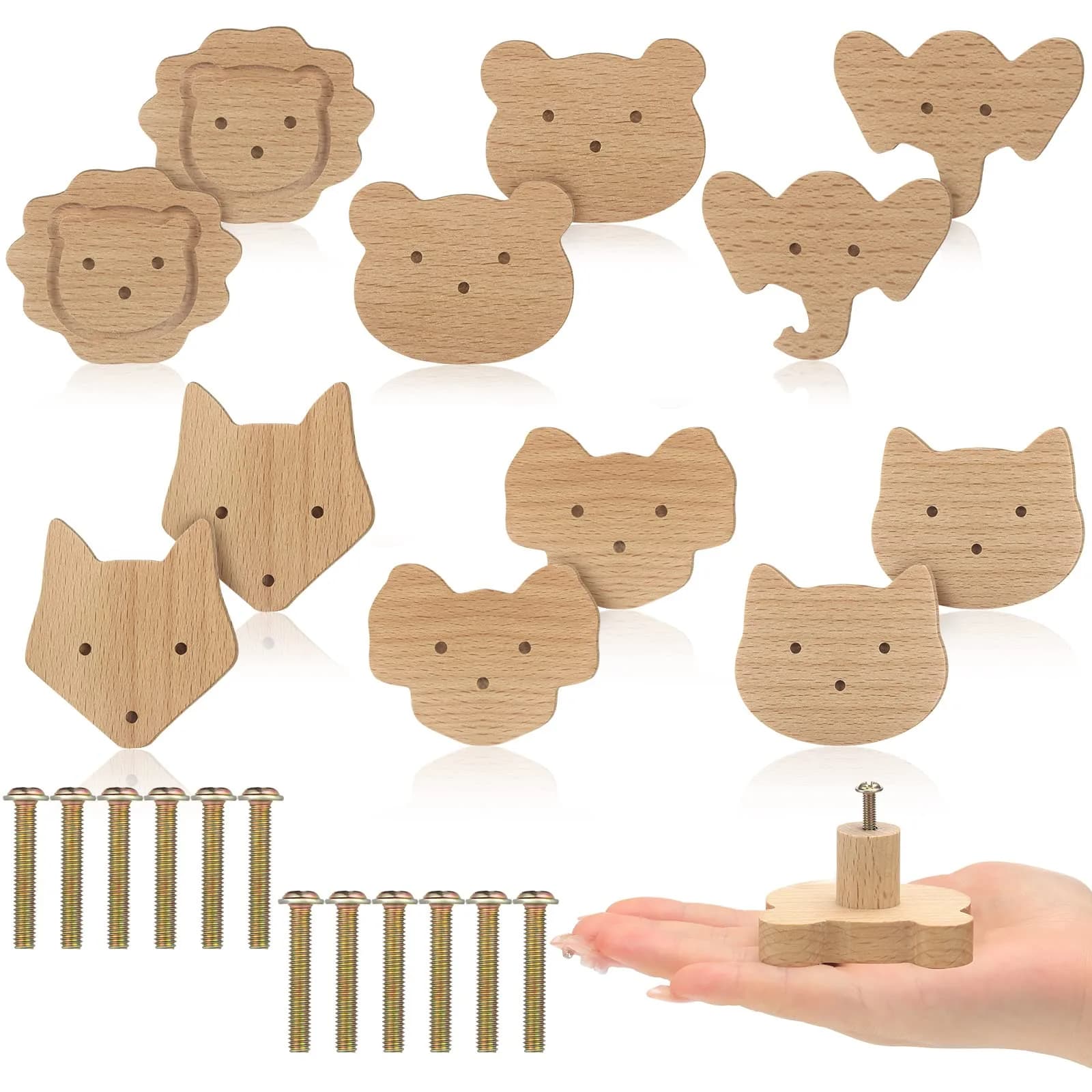 Qunclay Wooden Animal Dresser Knobs 12-Set | Cute Koala, Bear, Lion, Fox, Elephant, Cat Designs