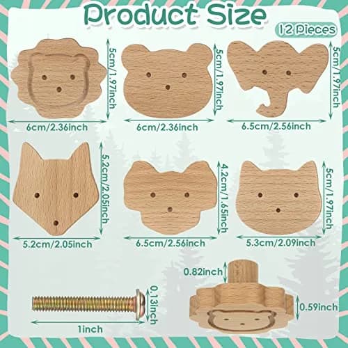 Qunclay Wooden Animal Dresser Knobs 12-Set | Cute Koala, Bear, Lion, Fox, Elephant, Cat Designs thumbnail 2