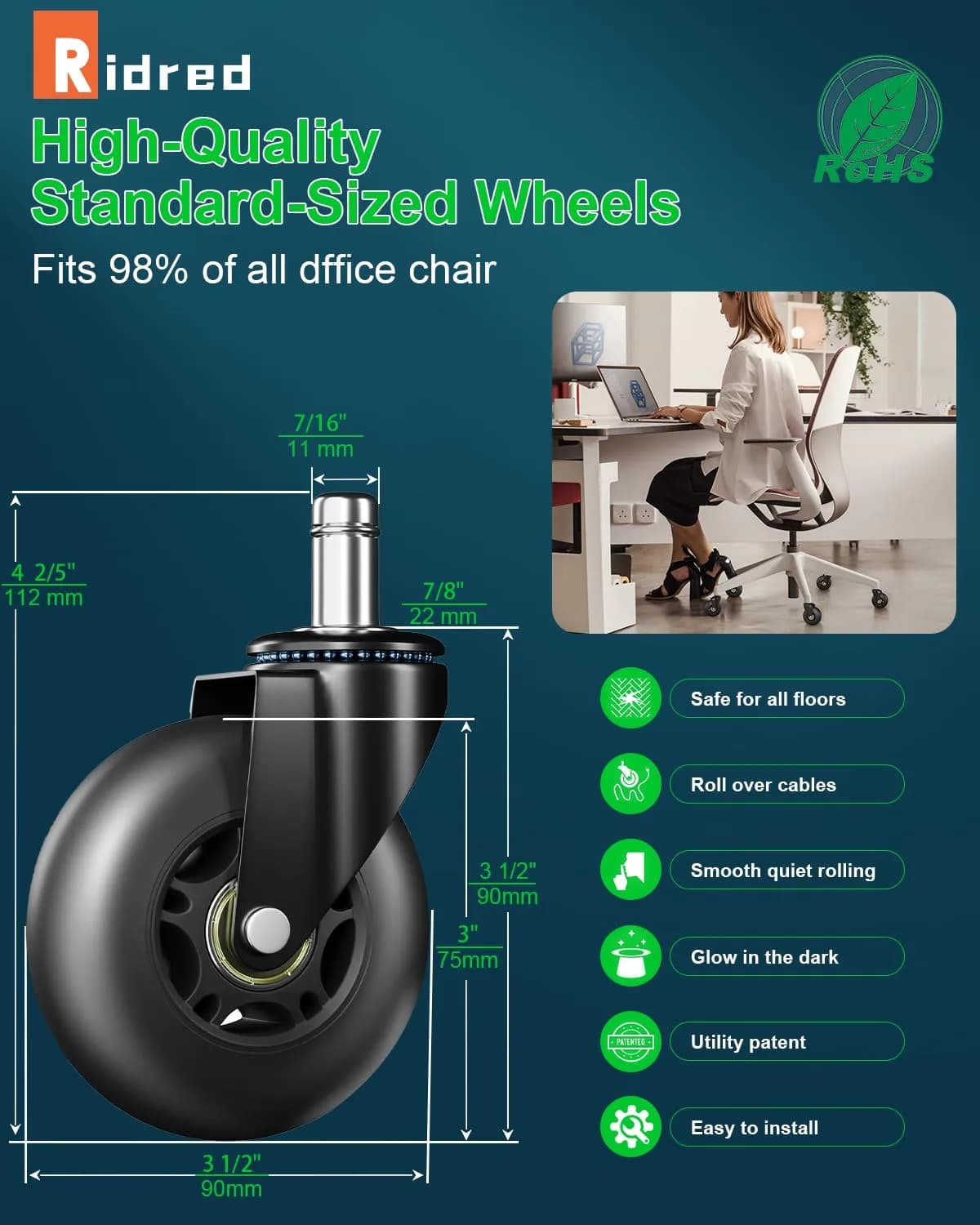 RidRed Heavy Duty Rollerblade Chair Wheels 7.6 cm (3 Inch) | Smooth Rolling, 300 kg Capacity - view 2