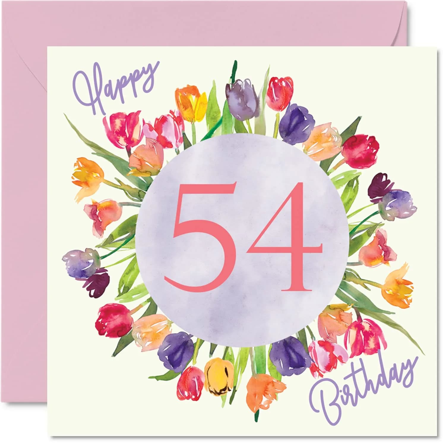 Stuff4 54th Birthday Cards for Women Watercolour Tulips 145mm x 145mm | Watercolour Floral Design for Women — 54