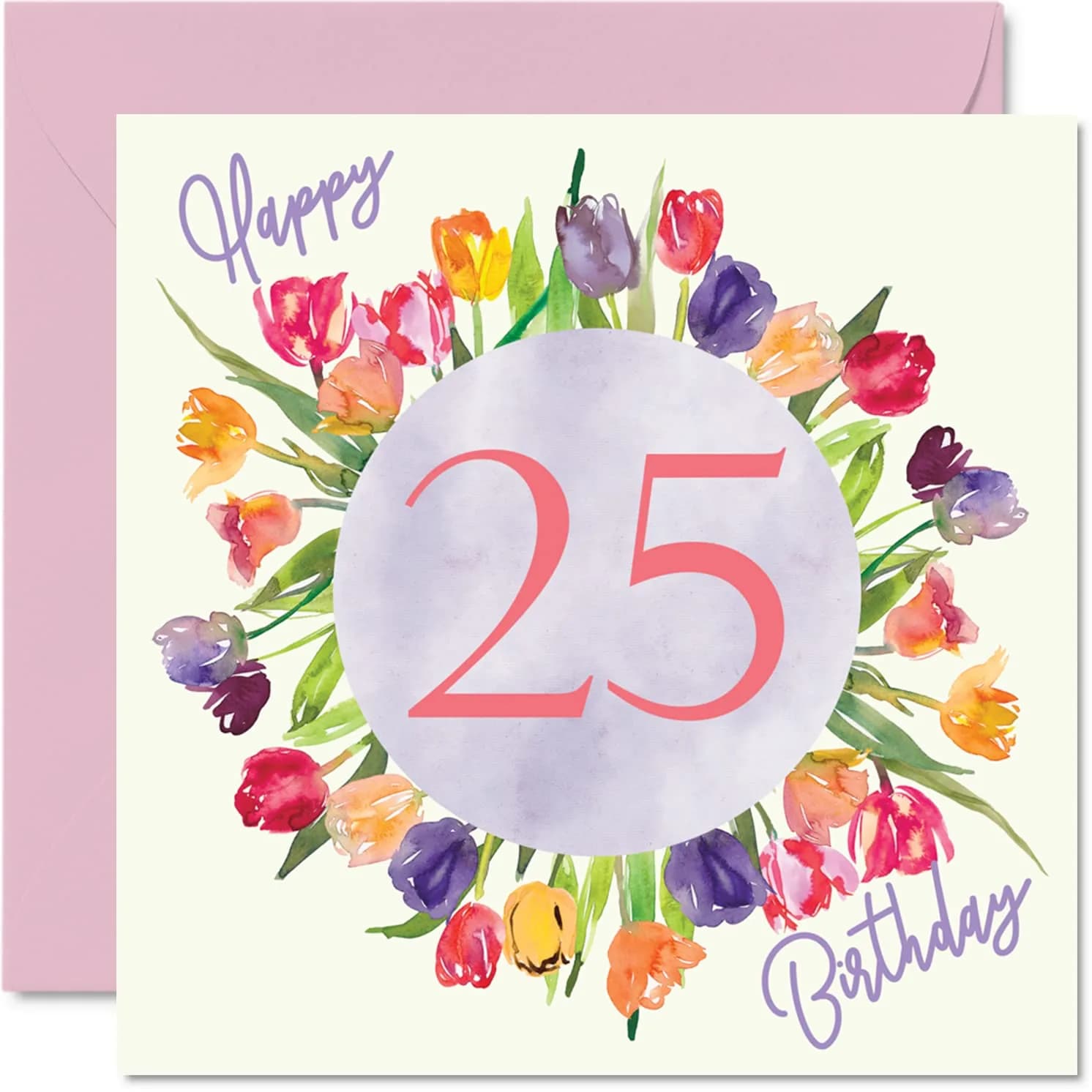 Stuff4 25th Birthday Cards for Women - Watercolour Tulips Bouquet | Happy Birthday for Her, Daughter, Sister, Auntie, 145mm x 145mm — 25