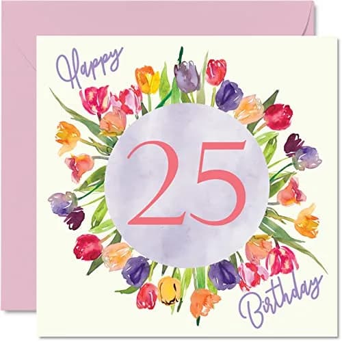 Stuff4 25th Birthday Cards for Women - Watercolour Tulips Bouquet | Happy Birthday for Her, Daughter, Sister, Auntie, 145mm x 145mm thumbnail 1