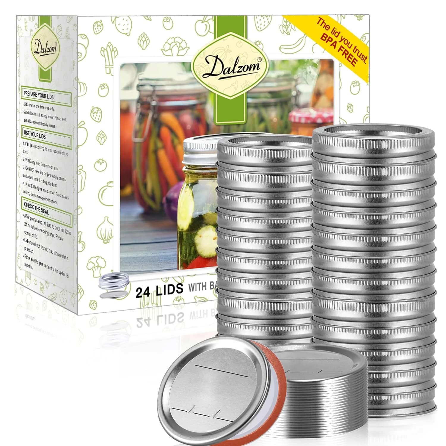 Dalzom Wide Mouth Mason Jar Canning Lids & Rings Set 24Pcs | Airtight Food Grade Material