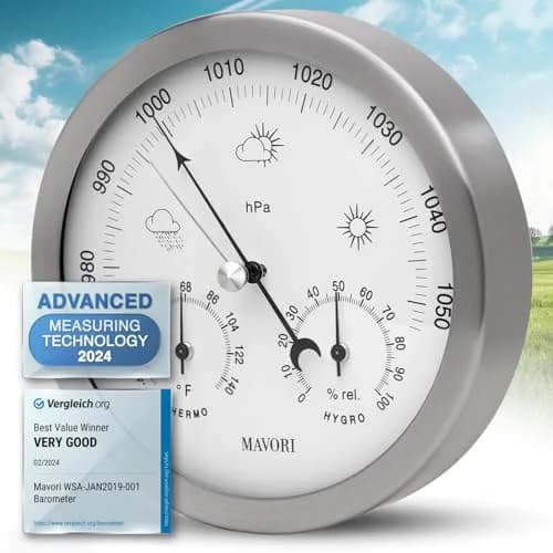 MAVORI® 3in1 Weather Station Analog - Barometer, Hygrometer & Thermometer for Indoor - Ø 13,5cm Stainless Steel Frame with Acrylic Glass - Great Barometers for Home - Barometric Pressure Gauge thumbnail 1