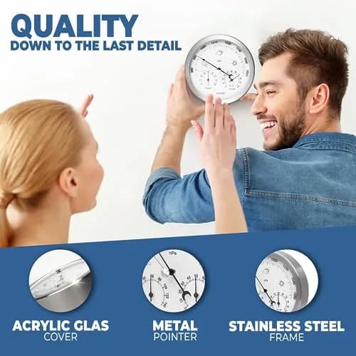 MAVORI® 3in1 Weather Station Analog - Barometer, Hygrometer & Thermometer for Indoor - Ø 13,5cm Stainless Steel Frame with Acrylic Glass - Great Barometers for Home - Barometric Pressure Gauge thumbnail 4