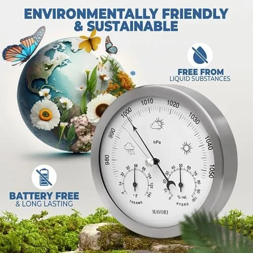 MAVORI® 3in1 Weather Station Analog - Barometer, Hygrometer & Thermometer for Indoor - Ø 13,5cm Stainless Steel Frame with Acrylic Glass - Great Barometers for Home - Barometric Pressure Gauge thumbnail 5