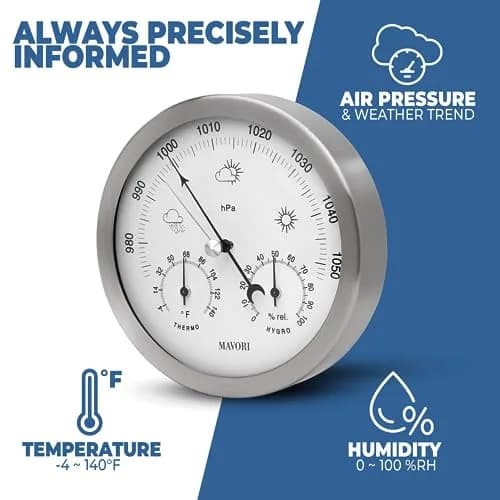 MAVORI® 3in1 Weather Station Analog - Barometer, Hygrometer & Thermometer for Indoor - Ø 13,5cm Stainless Steel Frame with Acrylic Glass - Great Barometers for Home - Barometric Pressure Gauge thumbnail 2