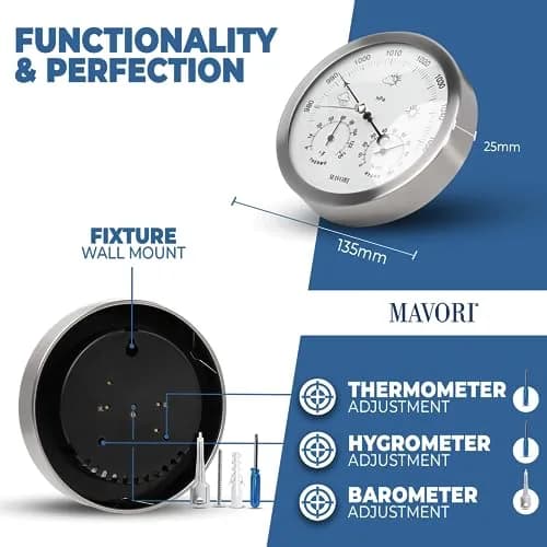MAVORI® 3in1 Weather Station Analog - Barometer, Hygrometer & Thermometer for Indoor - Ø 13,5cm Stainless Steel Frame with Acrylic Glass - Great Barometers for Home - Barometric Pressure Gauge thumbnail 3