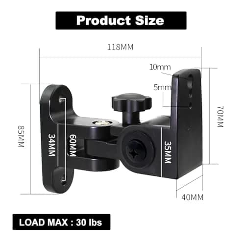 DAGCUXIN Speaker Wall Mounts (2-Pack, Black) | All-Metal Bracket for Small Speakers, Swivel & Tilt, Holds up to 13.6 kg (30 lbs) thumbnail 6