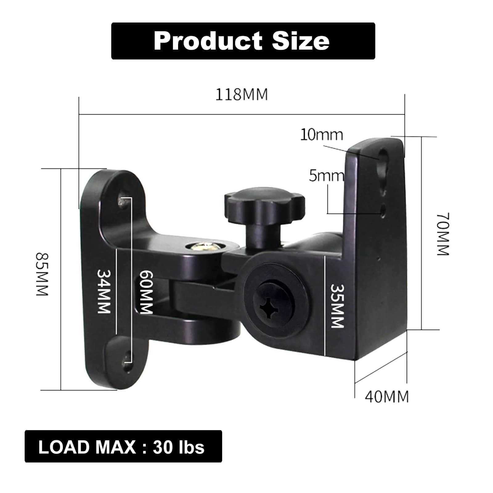 DAGCUXIN Speaker Wall Mounts (2-Pack, Black) | All-Metal Bracket for Small Speakers, Swivel & Tilt, Holds up to 13.6 kg (30 lbs) - view 6