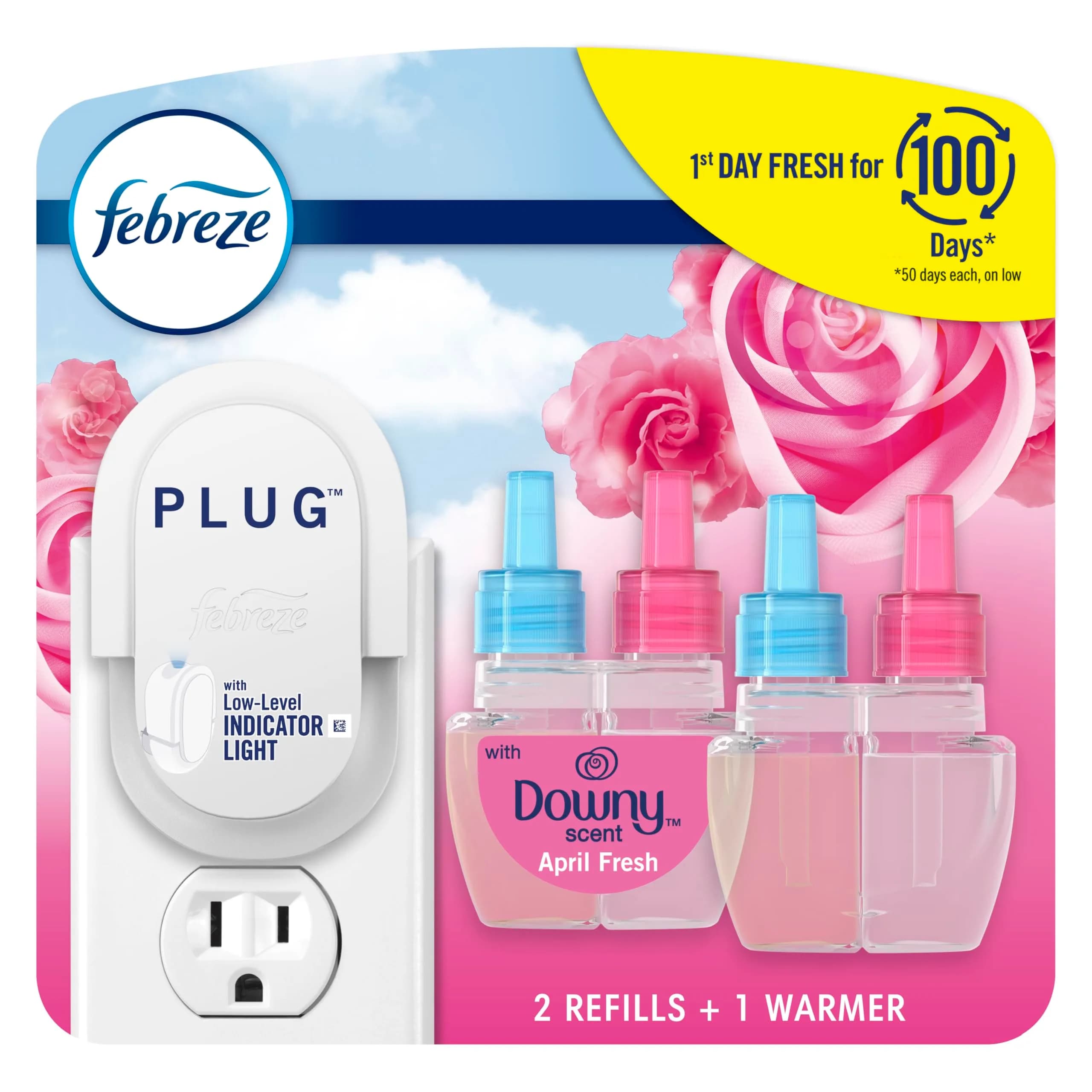 Febreze Fade Defy Plug-In Air Freshener Starter Kit with Downy April Fresh Scent, 2 Refills | Lasts 50 Days on Low - main product image