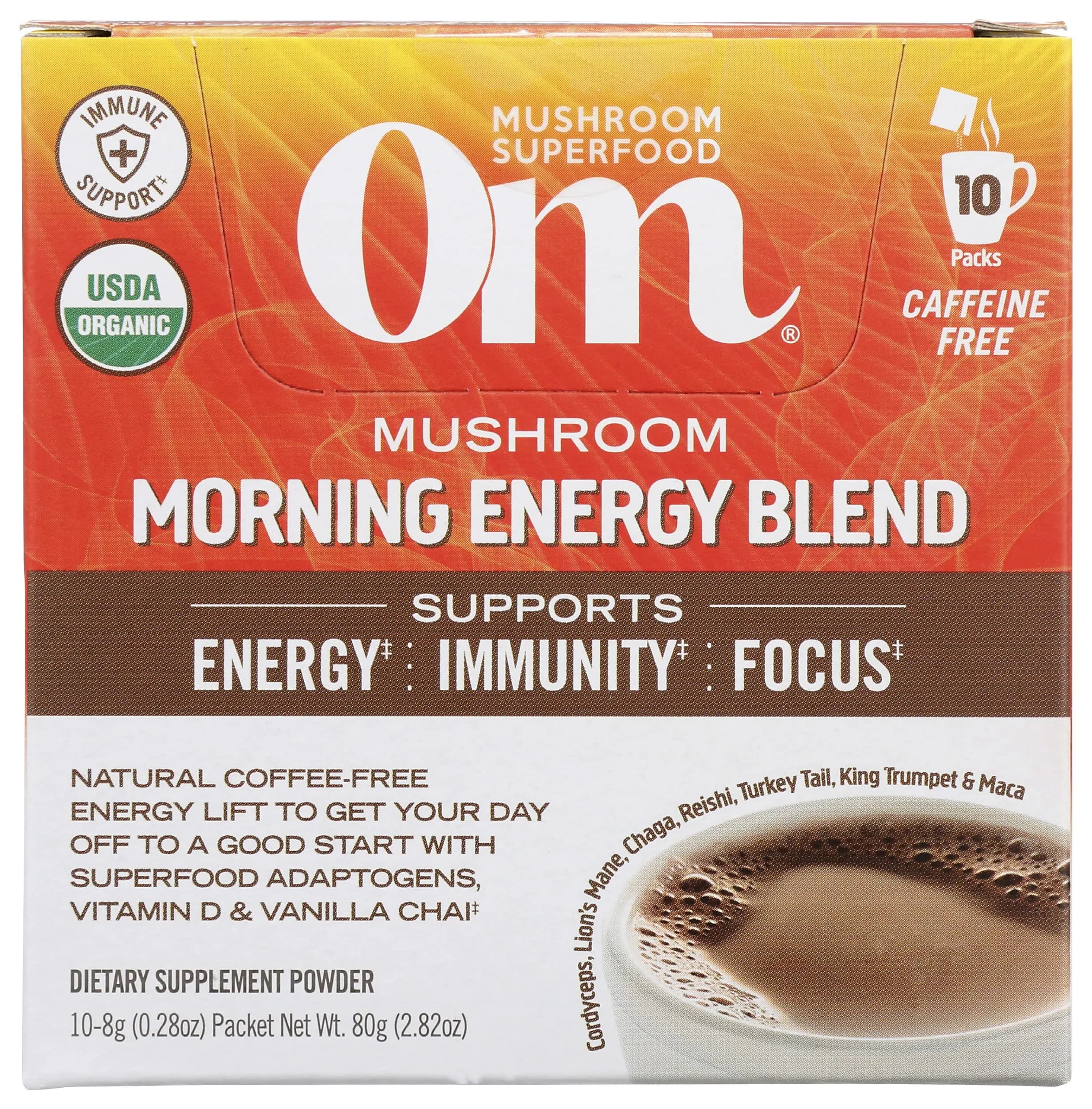 OM MUSHROOM SUPERFOOD Morning Energy Blend Mushroom Powder Drink, 10 Count, 80g | Coffee-Free Energy with Cordyceps & Lion's Mane — Natural