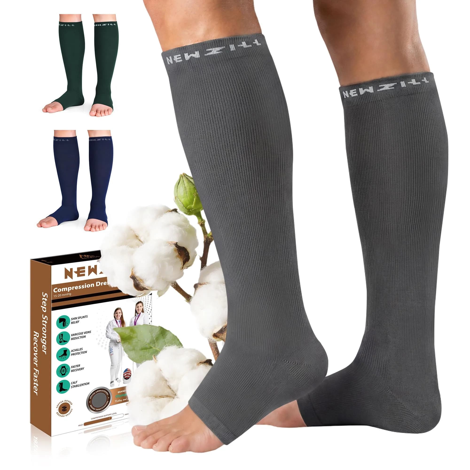 NEWZILL Open Toe Compression Socks for Women & Men | 20-30 mmHg Knee High Support, Gray