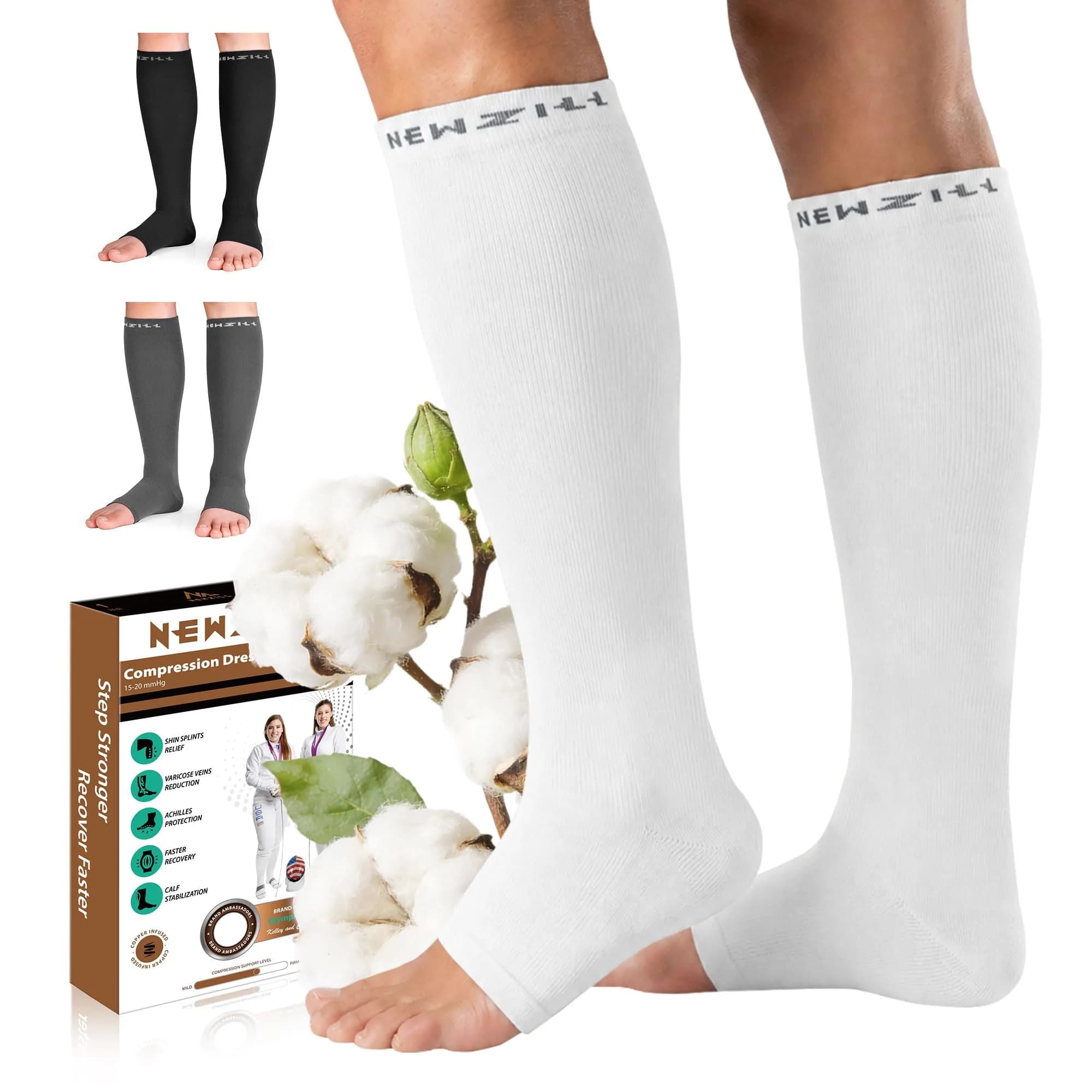 NEWZILL Open Toe Compression Socks for Women & Men | 20-30 mmHg Knee High Support, White - main product image