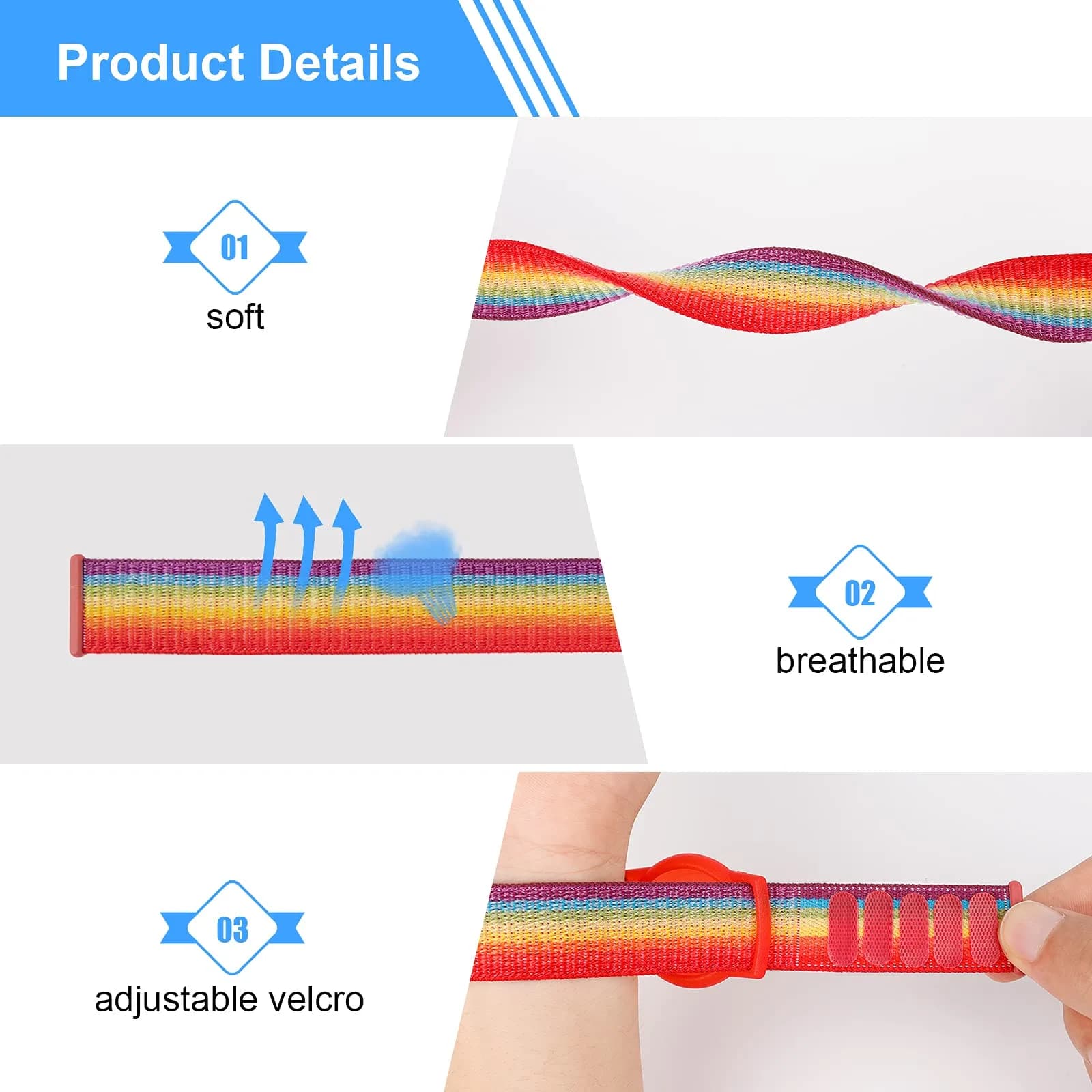Qonuiy Rainbow Kids AirTag Wristband with Protective Case | Adjustable Nylon Bracelet for Toddlers & Children - view 3
