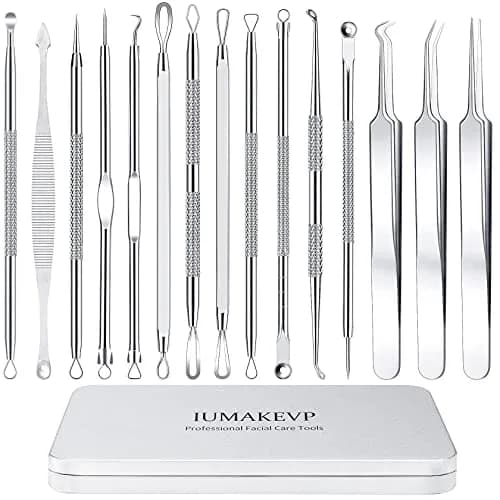 IUMAKEVP Black 15 PCS Skin Blemish Removal Tool Kit | Professional Stainless Steel Acne & Pimple Extractor (Silver) thumbnail 1