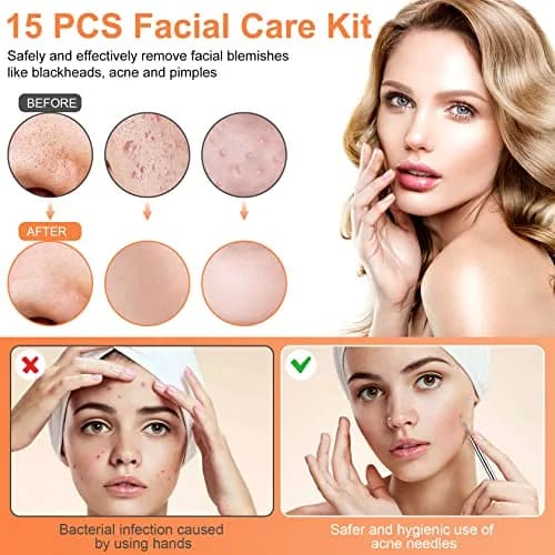 IUMAKEVP Black 15 PCS Skin Blemish Removal Tool Kit | Professional Stainless Steel Acne & Pimple Extractor (Silver) thumbnail 5