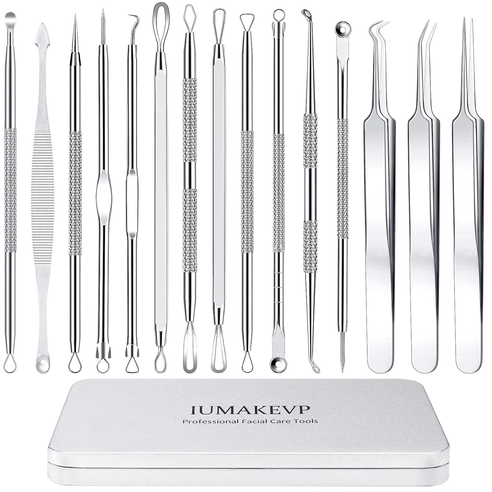 IUMAKEVP Black 15 PCS Skin Blemish Removal Tool Kit | Professional Stainless Steel Acne & Pimple Extractor (Silver)