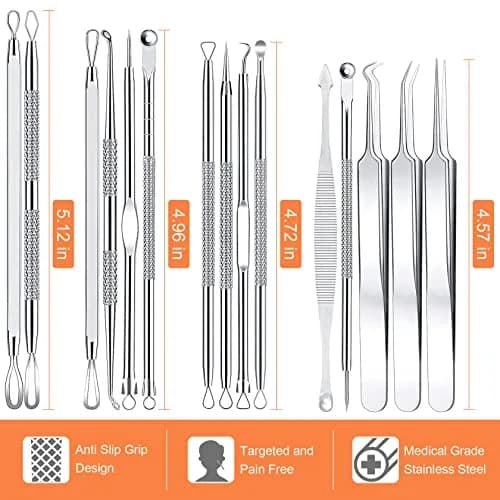 IUMAKEVP Black 15 PCS Skin Blemish Removal Tool Kit | Professional Stainless Steel Acne & Pimple Extractor (Silver) thumbnail 8