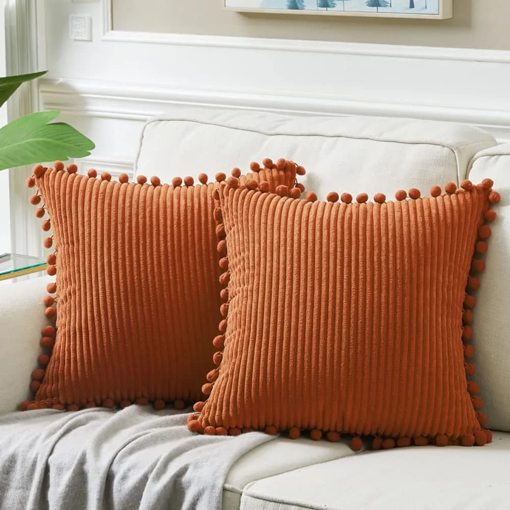 Fancy Homi Rust Fall Decorative Throw Pillow Covers 18x18 Inch (45x45 cm) | Pack of 2 Boho Corduroy Cushion Cases with Pom-poms — Rust