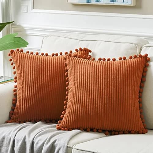 Fancy Homi Rust Fall Decorative Throw Pillow Covers 18x18 Inch (45x45 cm) | Pack of 2 Boho Corduroy Cushion Cases with Pom-poms thumbnail 1