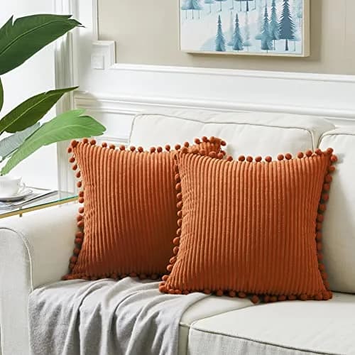 Fancy Homi Rust Fall Decorative Throw Pillow Covers 18x18 Inch (45x45 cm) | Pack of 2 Boho Corduroy Cushion Cases with Pom-poms thumbnail 6