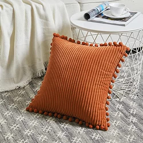 Fancy Homi Rust Fall Decorative Throw Pillow Covers 18x18 Inch (45x45 cm) | Pack of 2 Boho Corduroy Cushion Cases with Pom-poms thumbnail 2