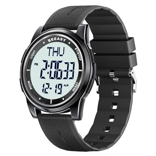 Beeasy Digital Watch for Men Women | 50M Waterproof, Ultra-Thin & Lightweight, 44mm Silicone Sports Watch with Alarm, Stopwatch, Countdown thumbnail 1