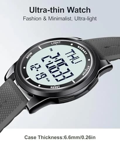 Beeasy Digital Watch for Men Women | 50M Waterproof, Ultra-Thin & Lightweight, 44mm Silicone Sports Watch with Alarm, Stopwatch, Countdown thumbnail 4