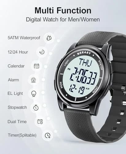 Beeasy Digital Watch for Men Women | 50M Waterproof, Ultra-Thin & Lightweight, 44mm Silicone Sports Watch with Alarm, Stopwatch, Countdown thumbnail 3
