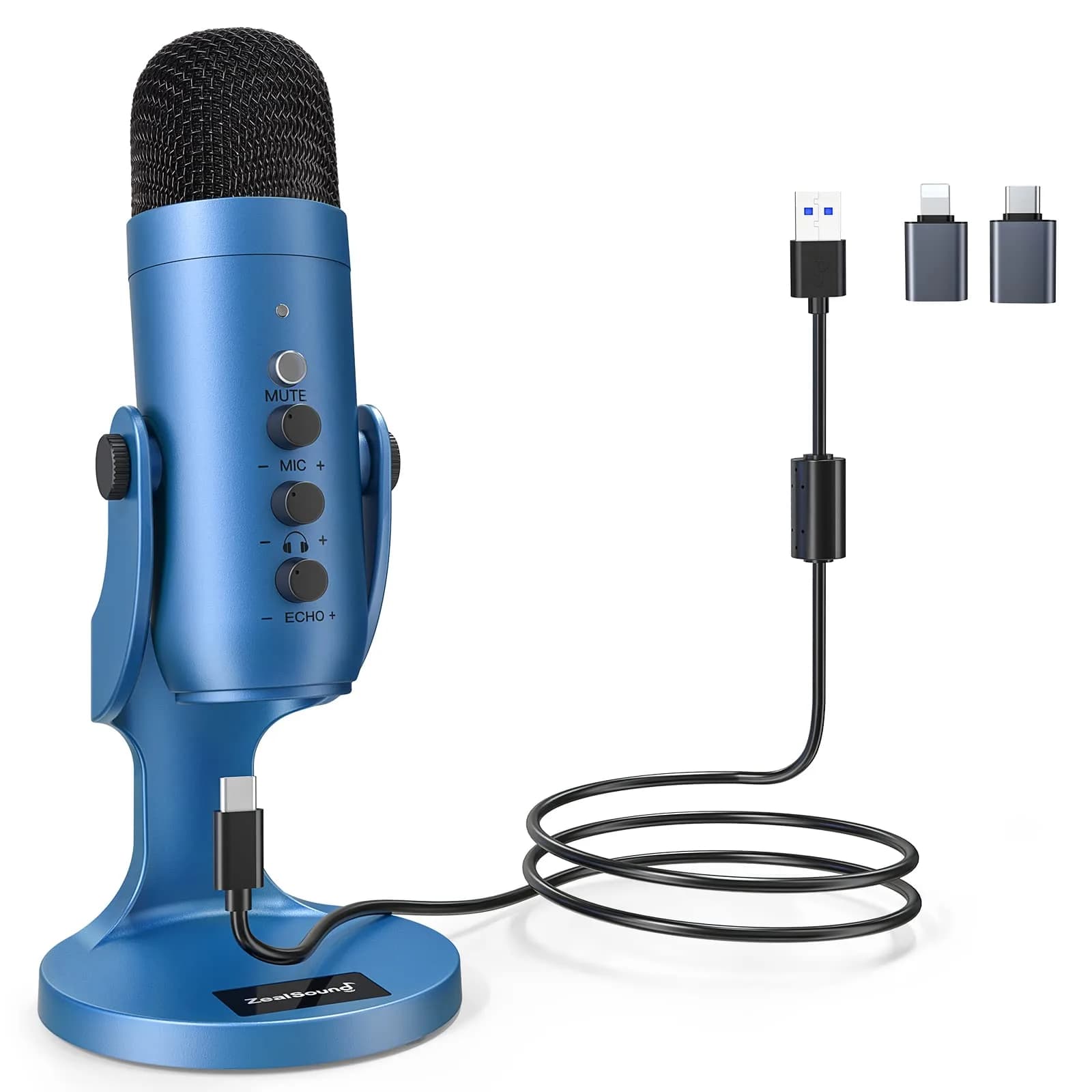 ZealSound Podcast Microphone for PC | Noise Cancellation USB Mic with Gain & Mute Button (Blue) — Blue