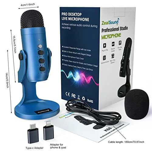 ZealSound Podcast Microphone for PC | Noise Cancellation USB Mic with Gain & Mute Button (Blue) thumbnail 8