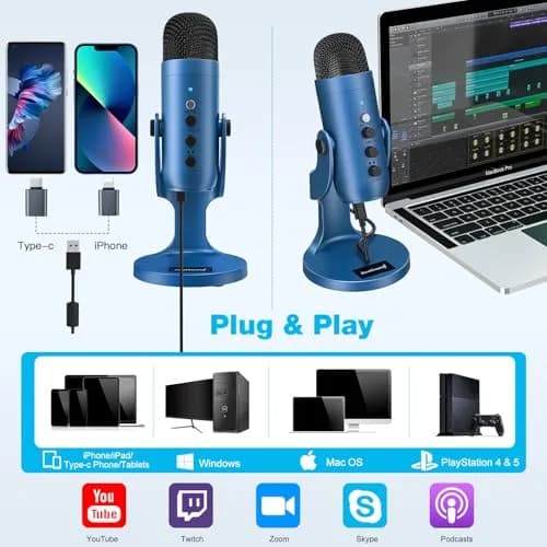 ZealSound Podcast Microphone for PC | Noise Cancellation USB Mic with Gain & Mute Button (Blue) thumbnail 2