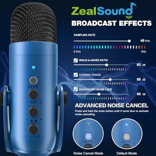 ZealSound Podcast Microphone for PC | Noise Cancellation USB Mic with Gain & Mute Button (Blue) thumbnail 3