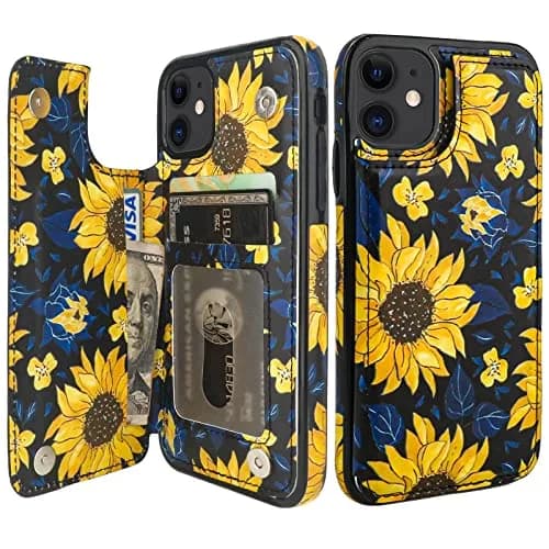 HAOPINSH Wallet Case Card Holder for iPhone 11 | Blooming Sunflowers Pattern, RFID Blocking, Shockproof, Flip Cover (6.1") thumbnail 1