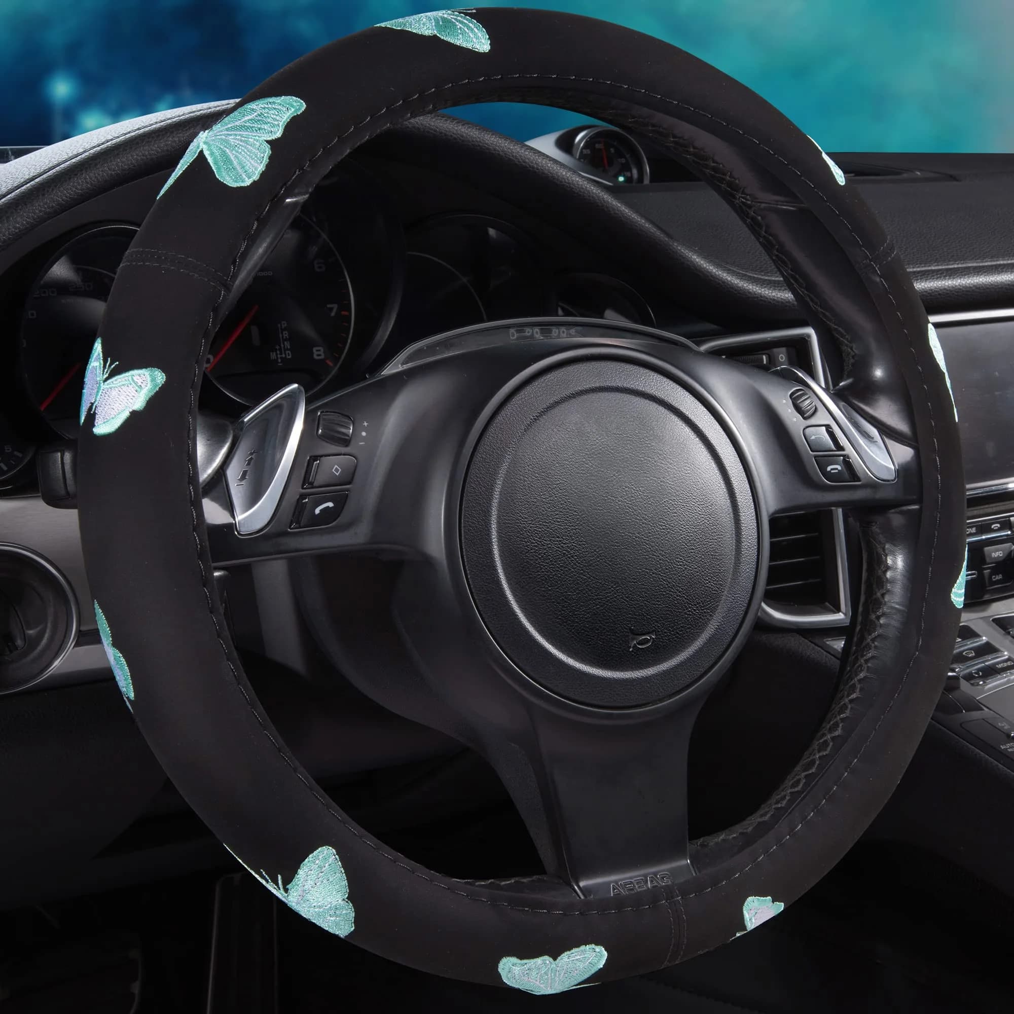 Car Pass Purple Butterfly Steering Wheel Cover 14.5"-15.5" | Superior Grip & Safety for Cars — Black and Mint