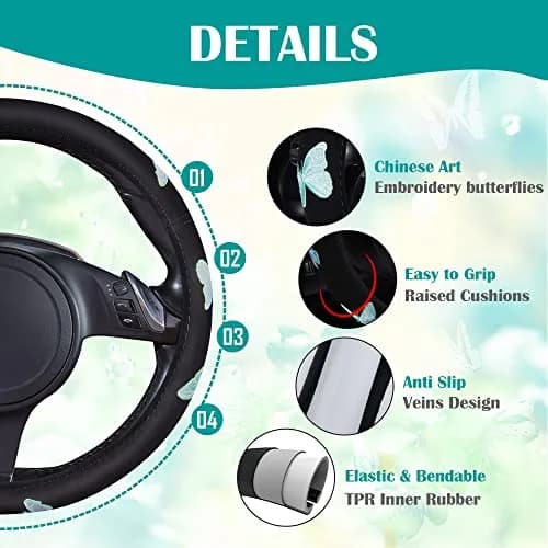 Car Pass Mint Embroidery Butterfly Steering Wheel Cover | Universal 15 Inch Car Wheel Protector for Women Girls thumbnail 3