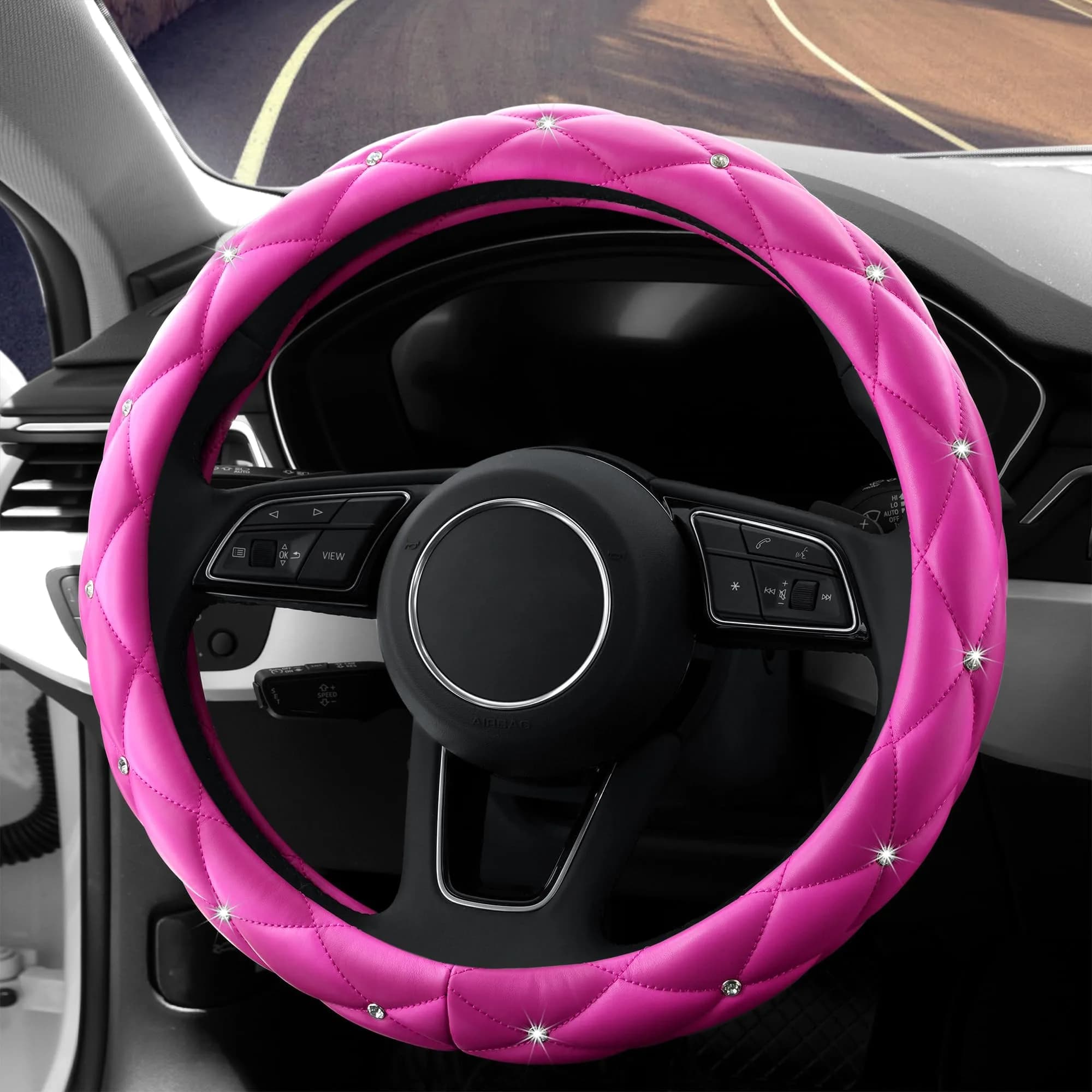 YOGURTCK Pink Steering Wheel Cover 15 Inch | Bling Crystal Rhinestones for Women Girls