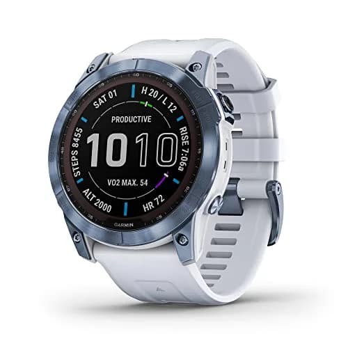 Garmin fenix 7 Solar GPS Smartwatch 47mm Slate Gray | Long-Running Solar Powered Multisport GPS Watch — Mineral Blue DLC Titanium with Whitestone Band / 7X Sapphire Solar / Smartwatch