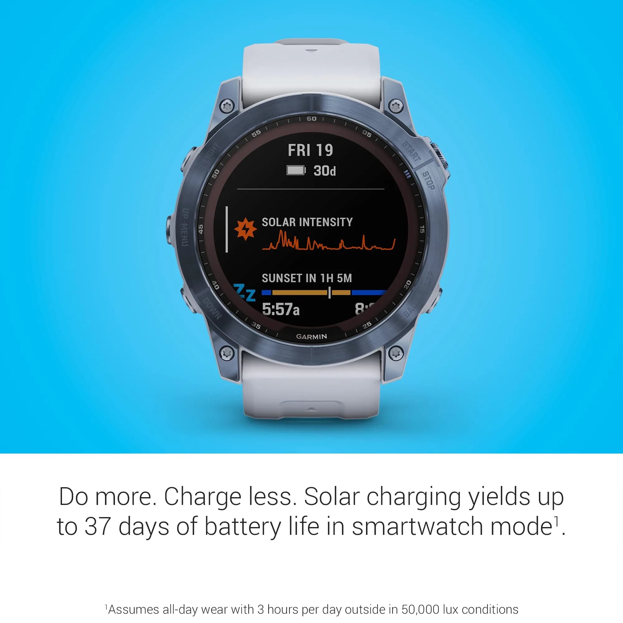 Garmin fenix 7X Sapphire Solar Smartwatch 51mm Mineral Blue DLC Titanium with Whitestone Band | Extended Battery Life - view 3