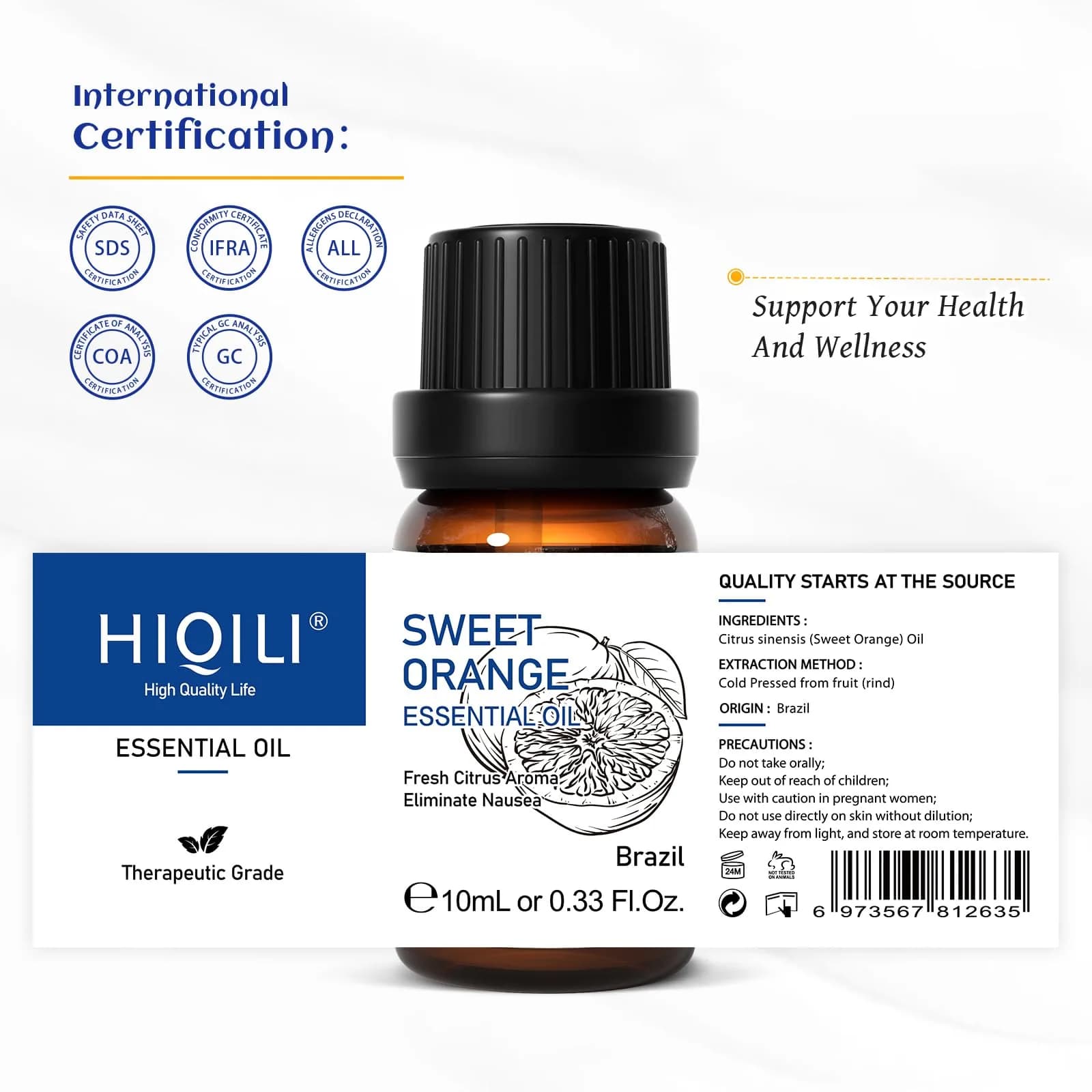 HIQILI Sweet Orange Essential Oil 10mL (0.33fl oz) | Pure & Natural Aromatherapy Grade - view 5