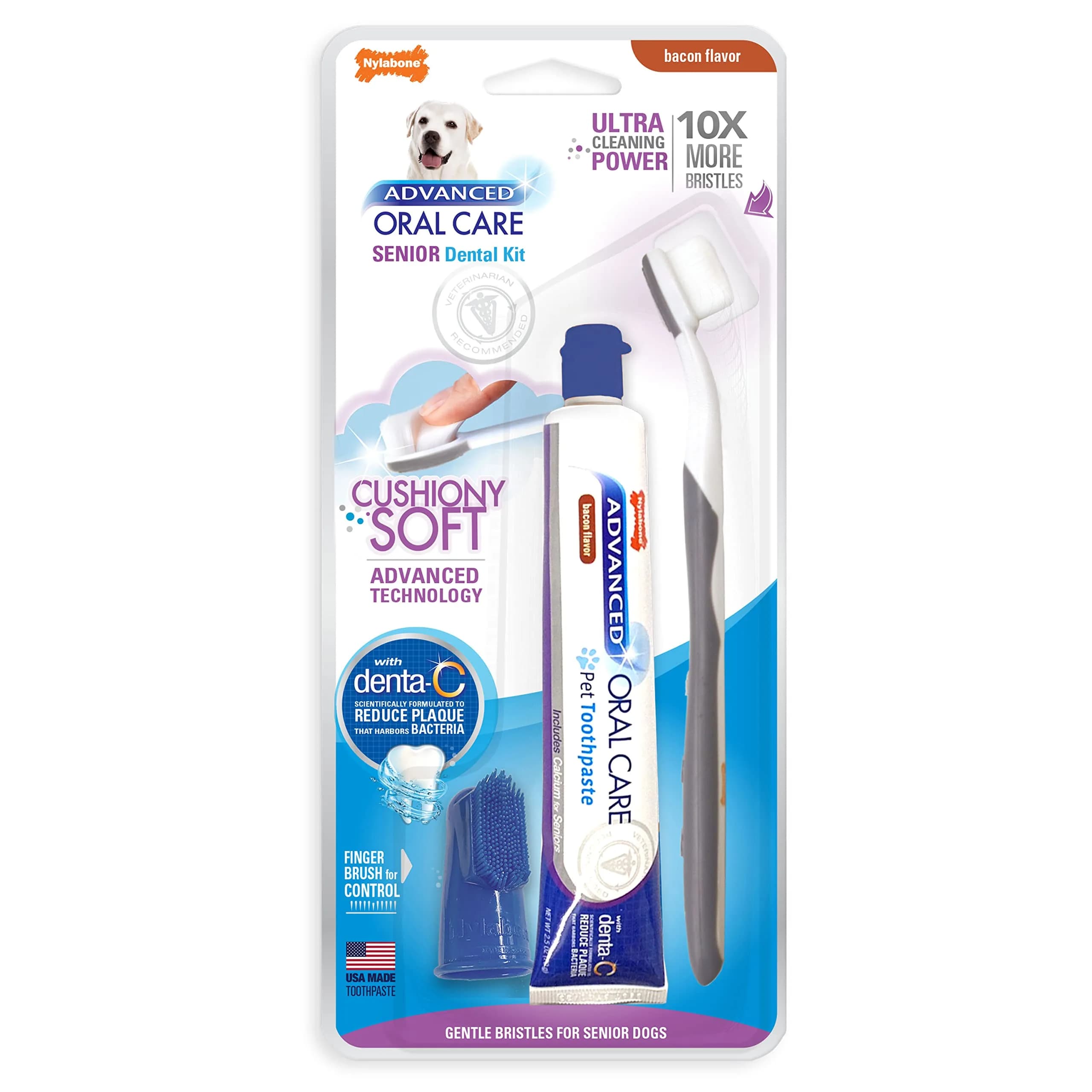 Nylabone Advanced Oral Care Senior Dog Dental Kit with Cushiony Soft-Bristle Toothbrush & Bacon Toothpaste (2.5 oz Tube) — Bacon
