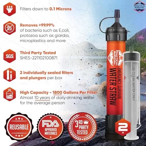 Practical Survival Emergency Water Straws (2-Pack) | Filters 1800 Gallons Each | Lightweight & Reusable thumbnail 2