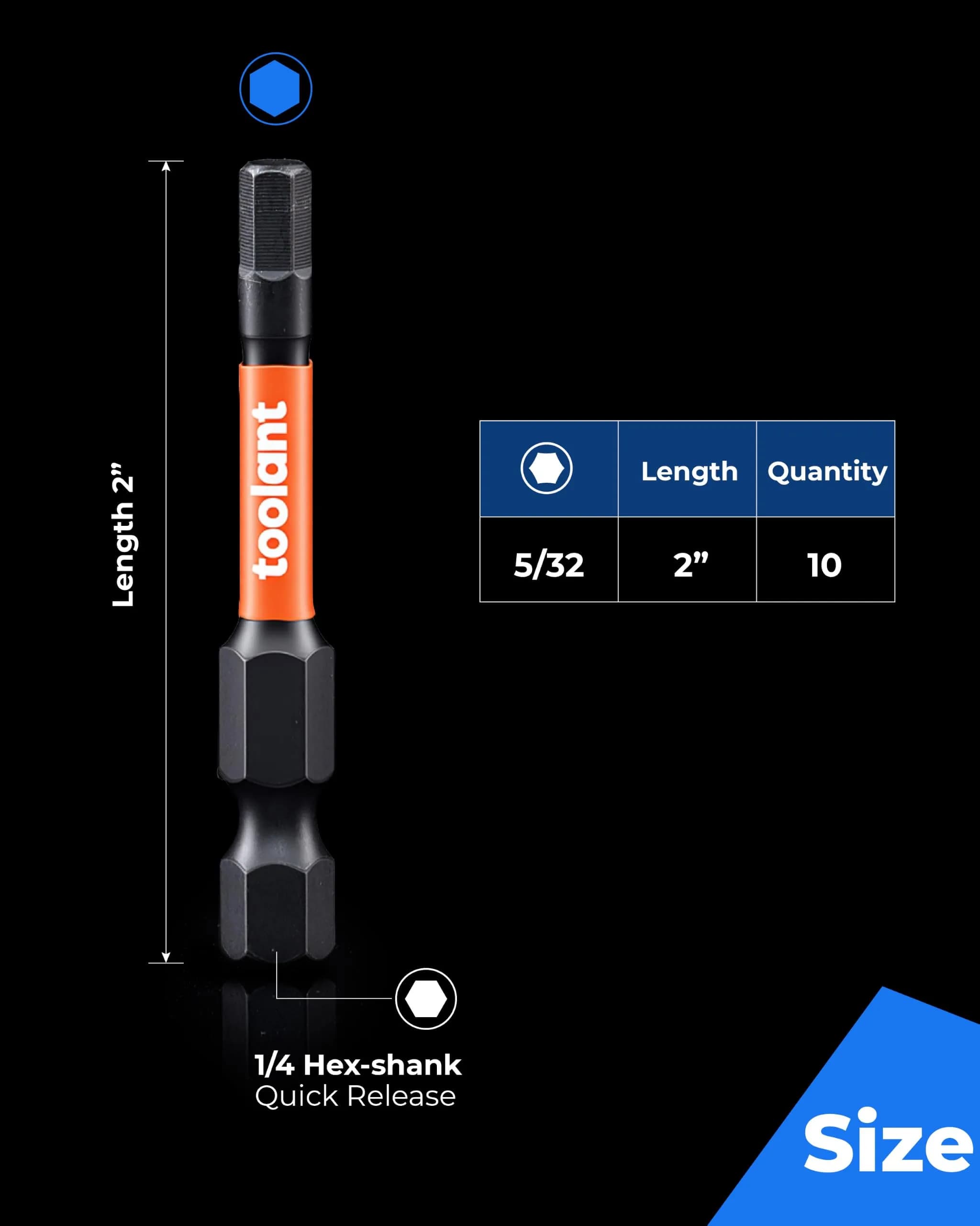 toolant 5/32-inch Impact Hex Bit Set, 10-Piece, 2-inch | Built for Impact Driving with S2 Steel - view 5
