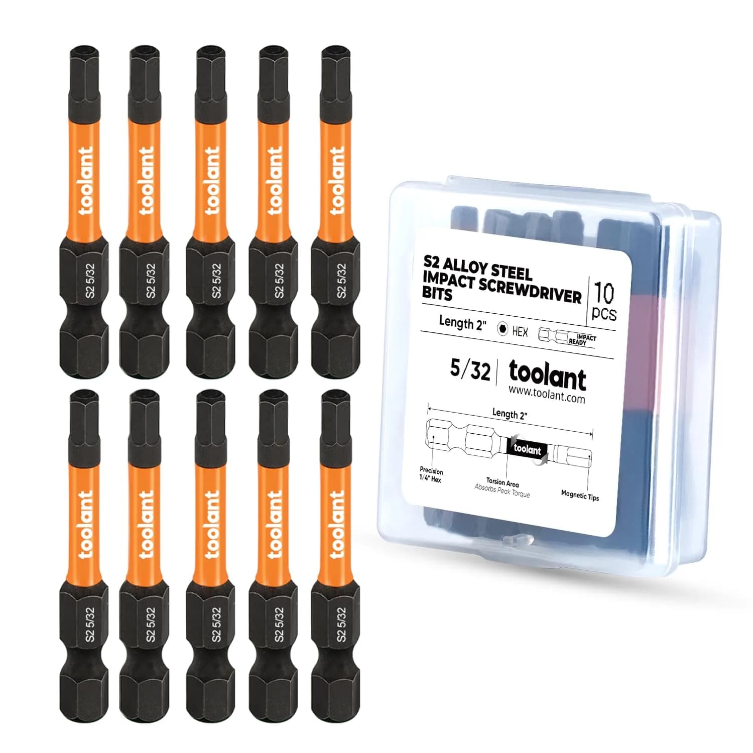 toolant 5/32-inch Impact Hex Bit Set, 10-Piece, 2-inch | Built for Impact Driving with S2 Steel - main product image