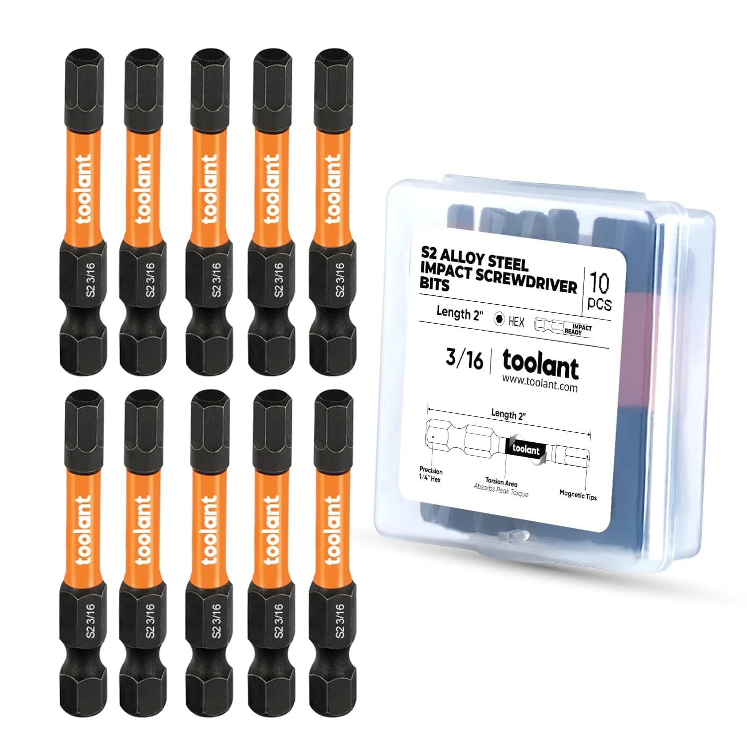 toolant 3/16-inch Impact Hex Bit Set, 10-Piece, 2-inch | S2 Steel, CNC-Machined, Magnetic Tips - main product image